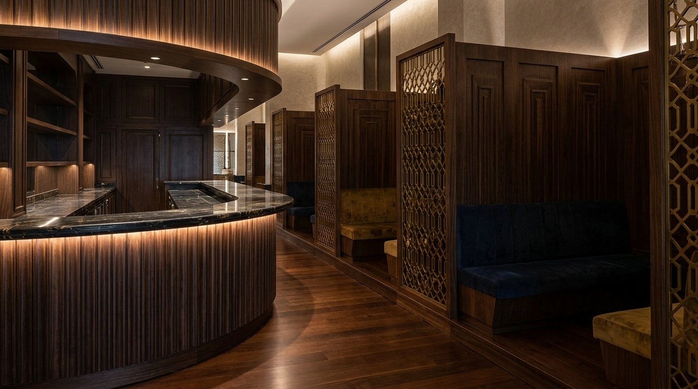 Custom curved bar counter and built-in dining booths in a Dubai hotel restaurant by Karnak Carpentry.