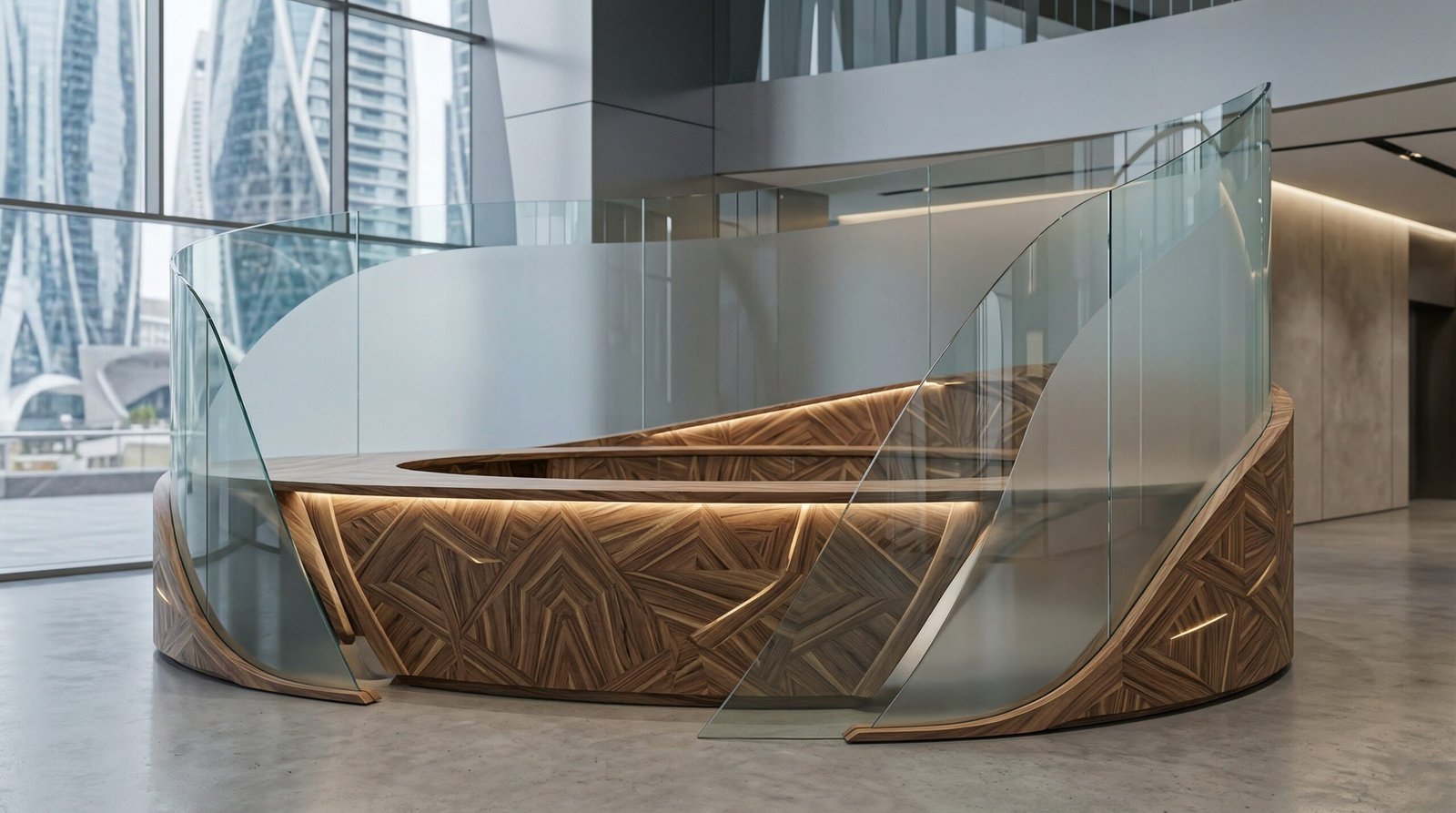 Unique built-in reception desk with complex patterned veneer facade and integrated curved glass panels.