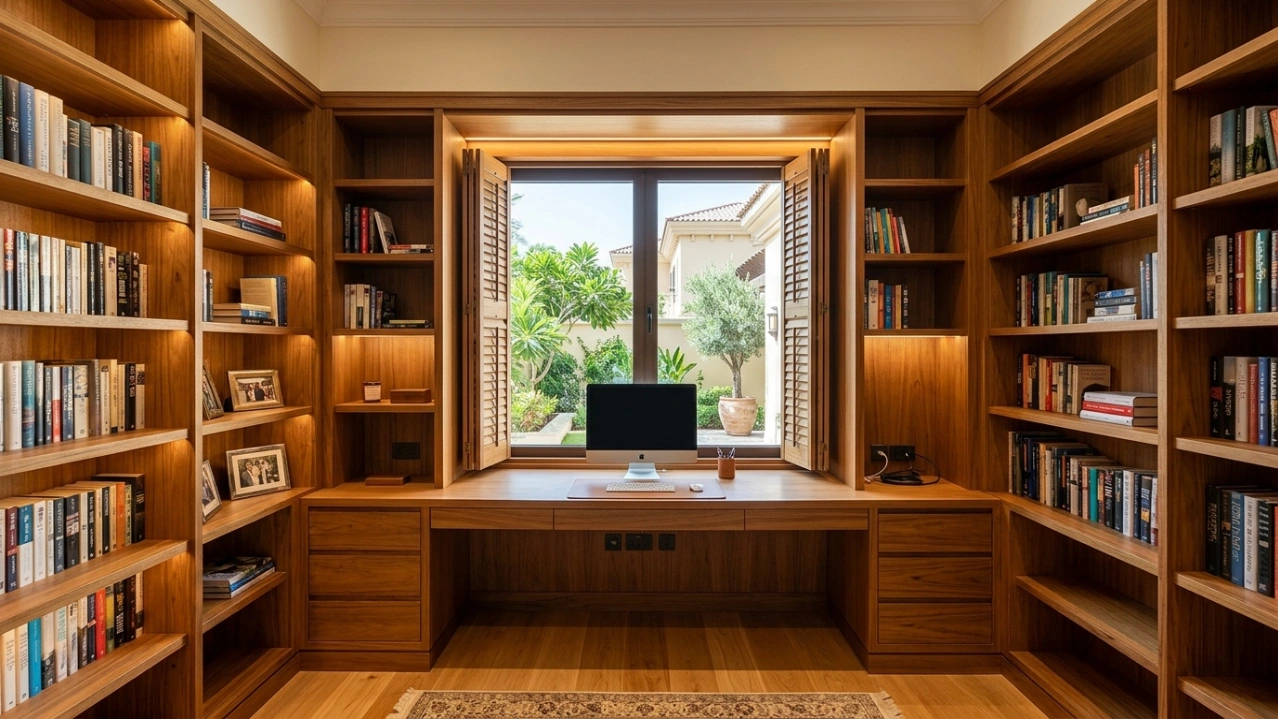 Bespoke warm teak floor-to-ceiling bookcases and integrated desk in a productive Jumeirah home study.