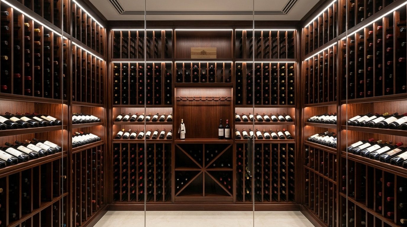 Bespoke mahogany wine display shelving and glass storage unit in a luxury Dubai steakhouse.