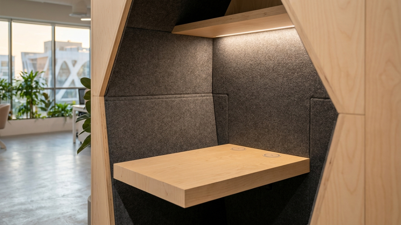 Custom-built light birch plywood acoustic focus pod with integrated felt and a floating desk.