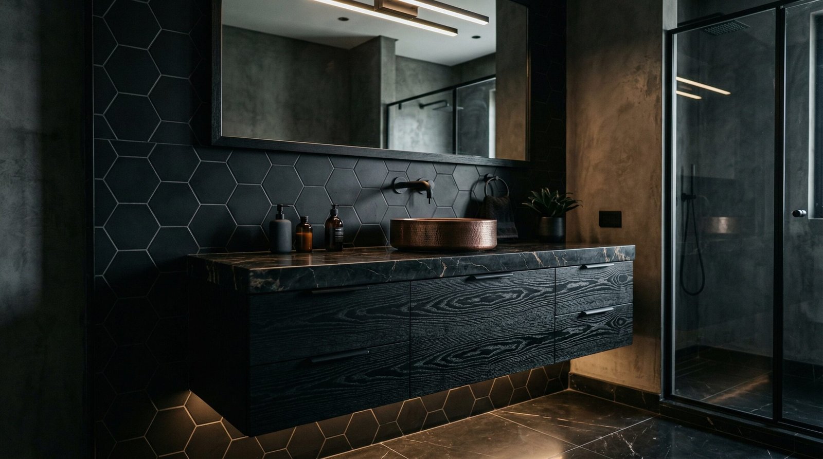Moody black ash wood bathroom vanity with textured finish, custom installation in a modern Meydan townhouse.