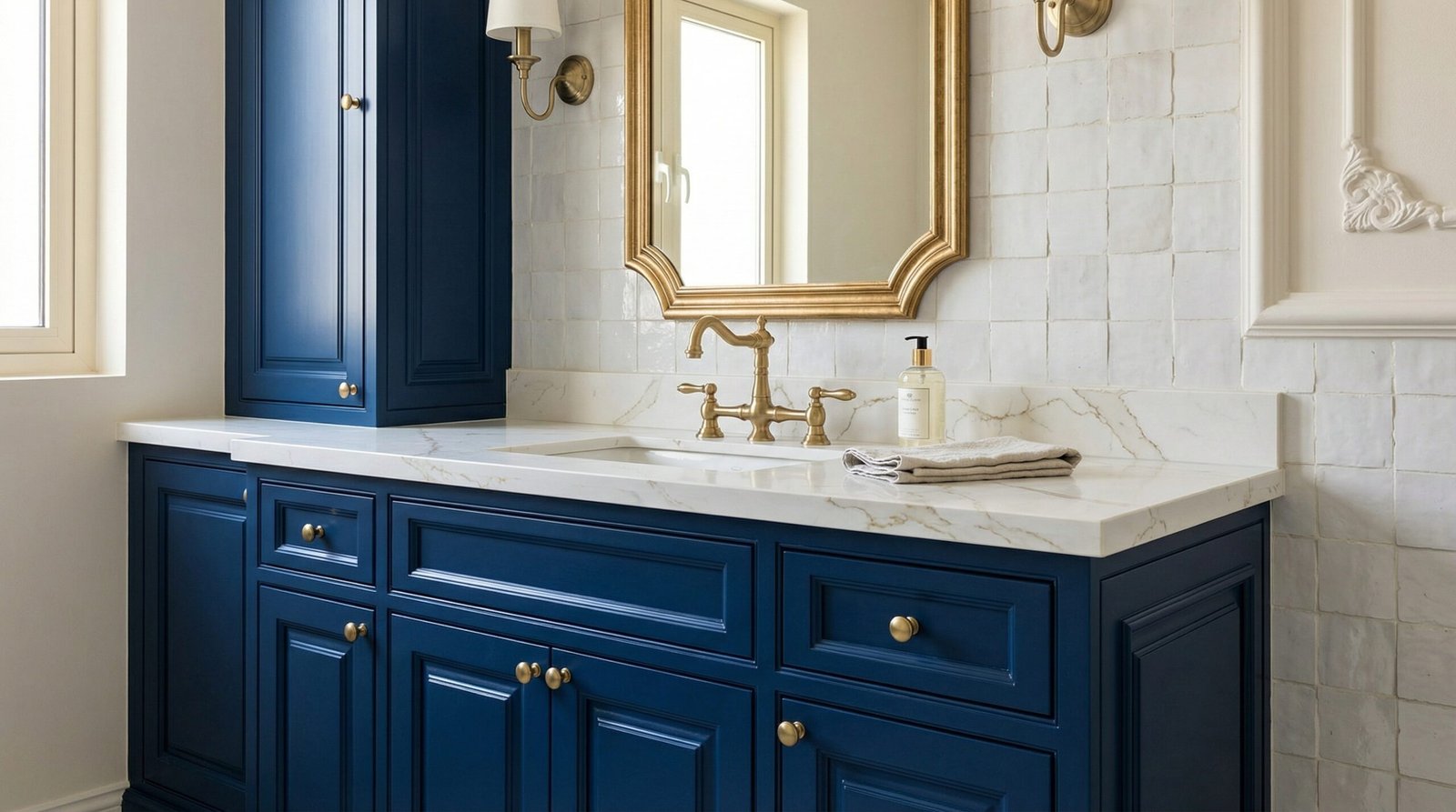 Custom navy blue shaker style bathroom vanity with brushed gold hardware, installed in a classic Jumeirah family villa.