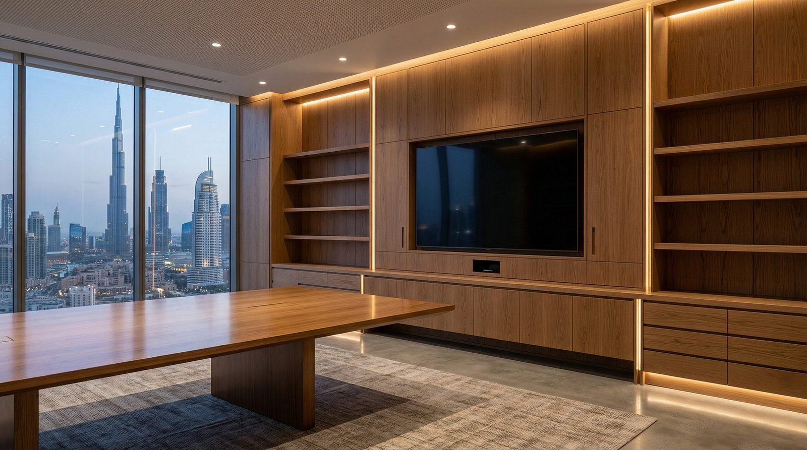 Custom oak wall paneling with extensive integrated storage and media wall in a Downtown Dubai boardroom.
