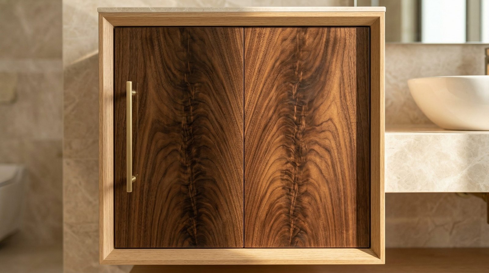 Bookmatched walnut veneer bathroom vanity door panel with symmetrical grain and UV lacquer topcoat in UAE villa bathroom