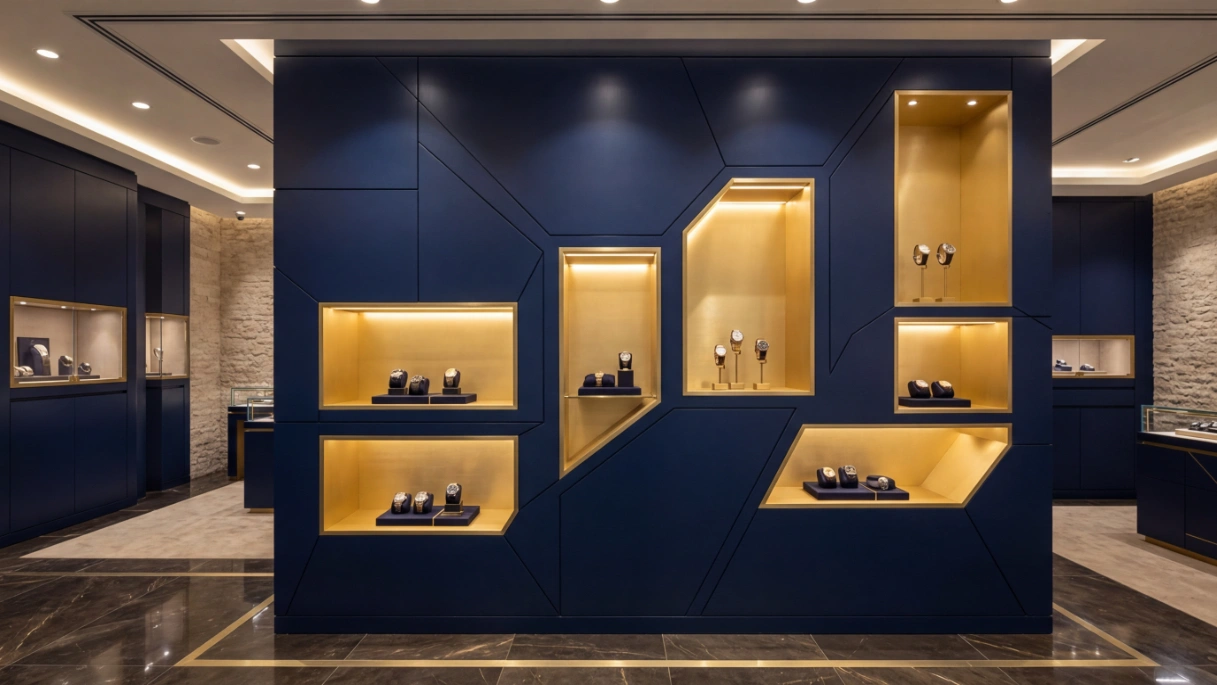 Custom built geometric matte blue and gold laminate feature wall for a luxury watch boutique in Dubai.