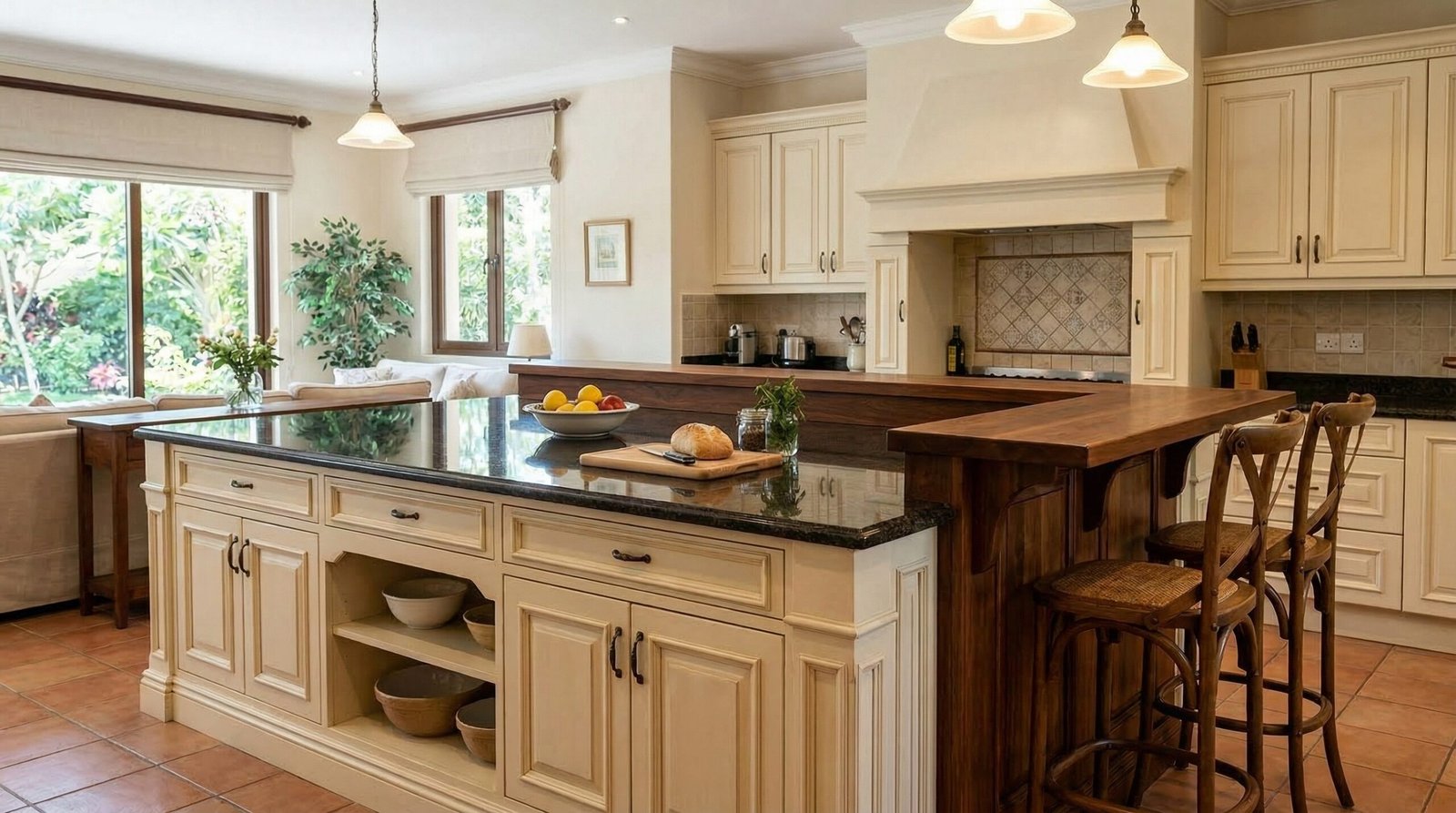 Classic style kitchen island with a rustic overhead wrought iron pot rack, custom woodwork in a Dubai Land family villa