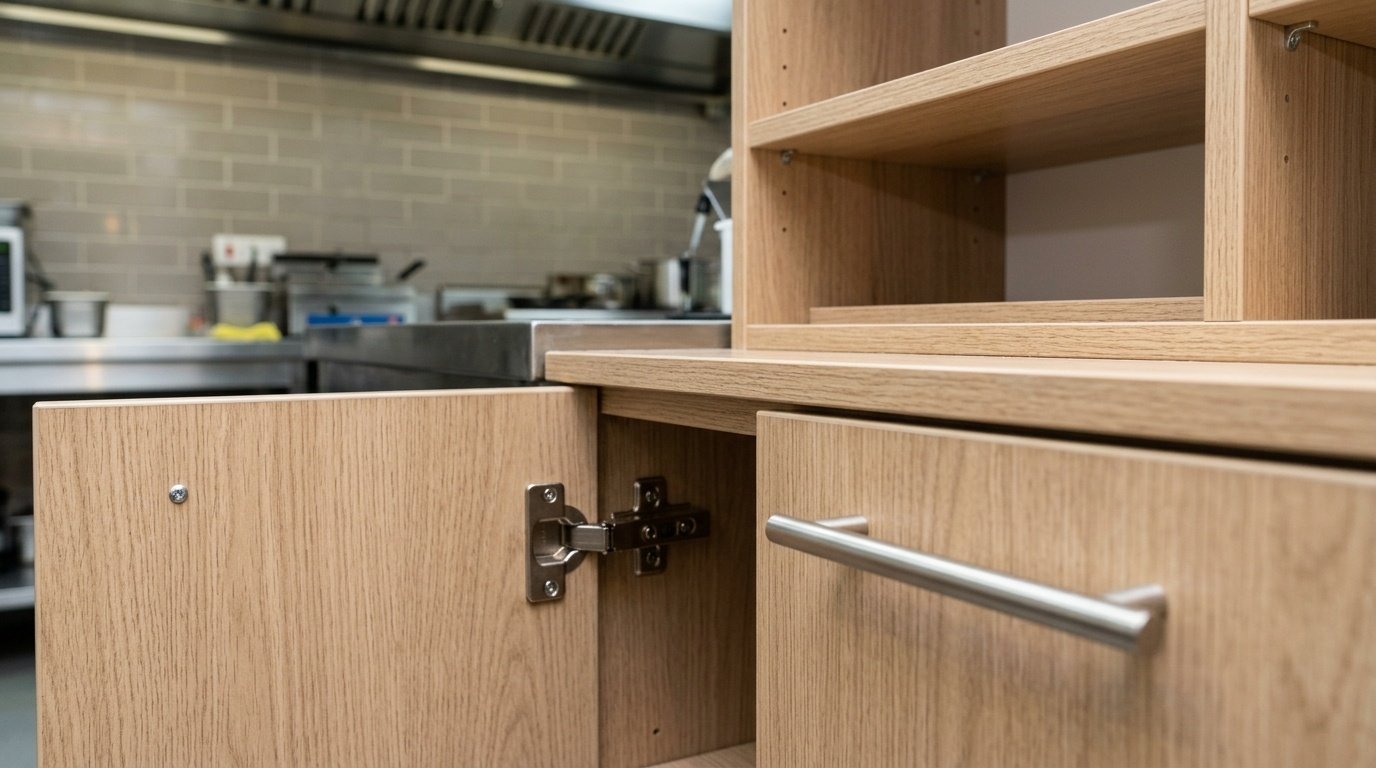 High-quality melamine-faced cabinetry with precise finish in an Abu Dhabi cafe back-of-house.
