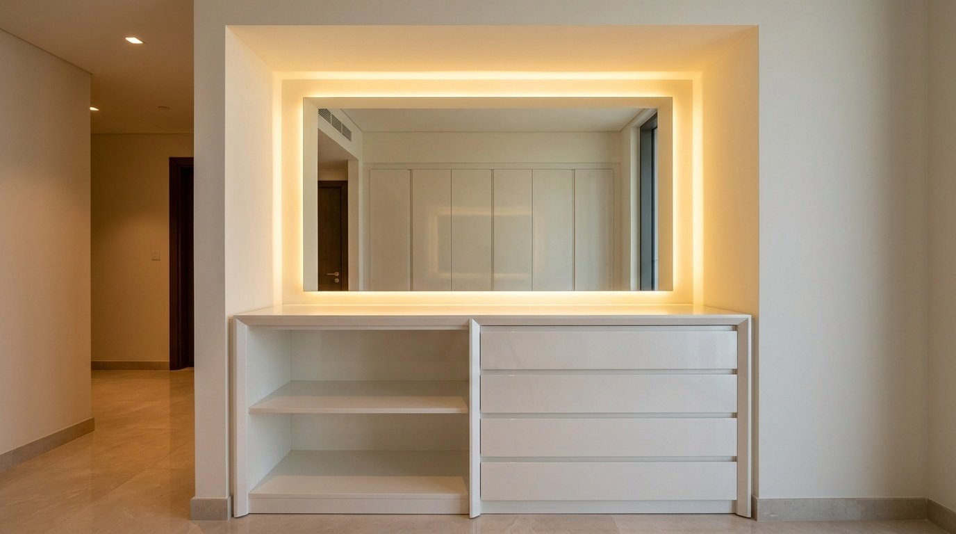Custom fitted dresser and vanity combination in pearl white lacquer with LED mirror in Sobha Hartland Dubai apartment