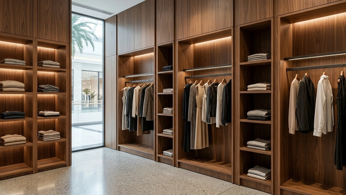 Built-in wooden shelving and integrated dark metal hanging rails for a fashion boutique display in a UAE mall.