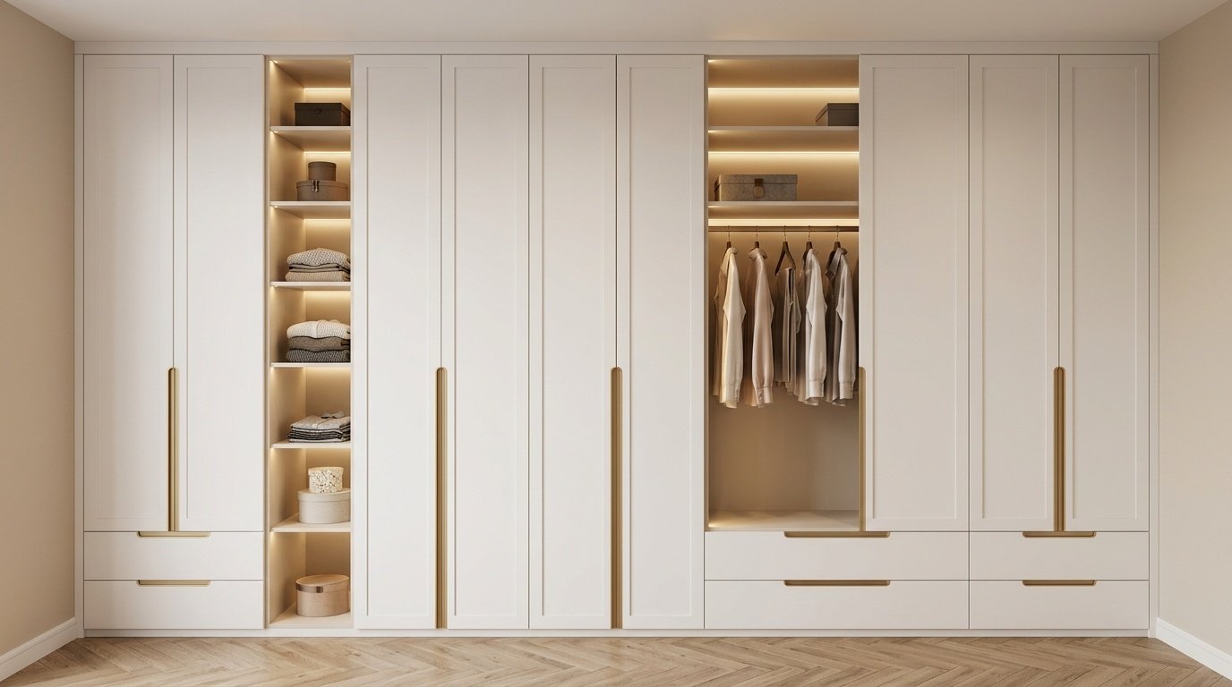 Custom built-in full-height matte white lacquer wardrobe with gold handles in Dubai apartment master bedroom