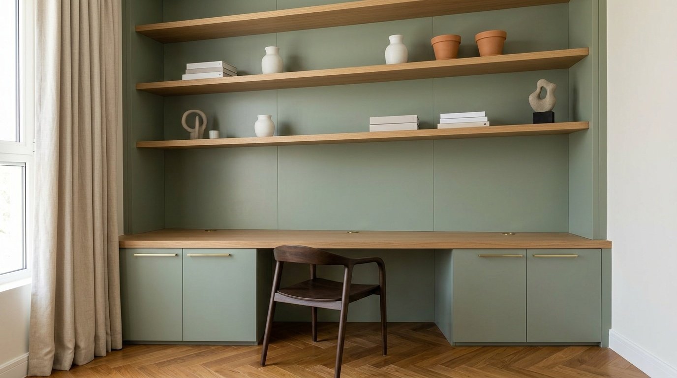 Custom built-in home office wall unit in sage green lacquer with oak shelving in Jumeirah townhouse study