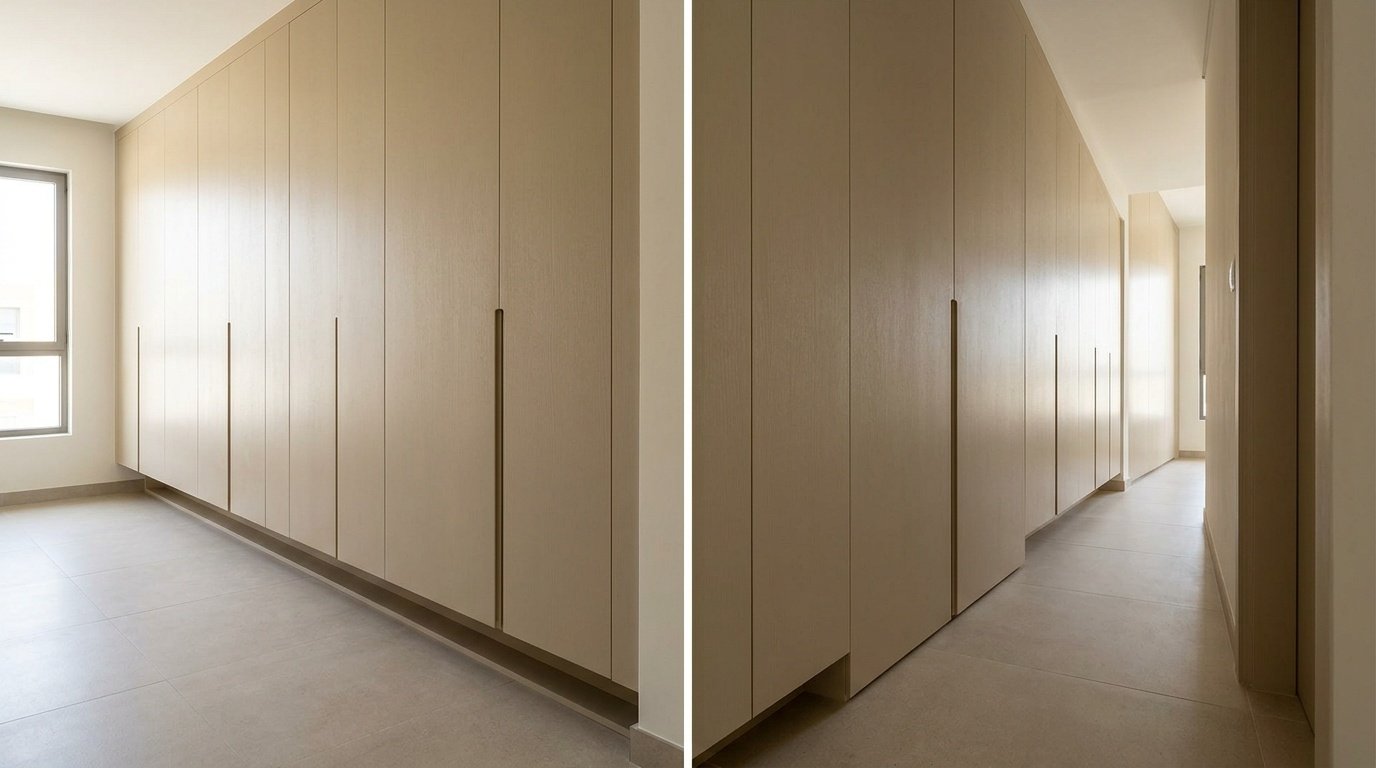 Custom built-in full-height linen and hallway storage cabinet wall in sand lacquer in Jumeirah Golf Estates villa