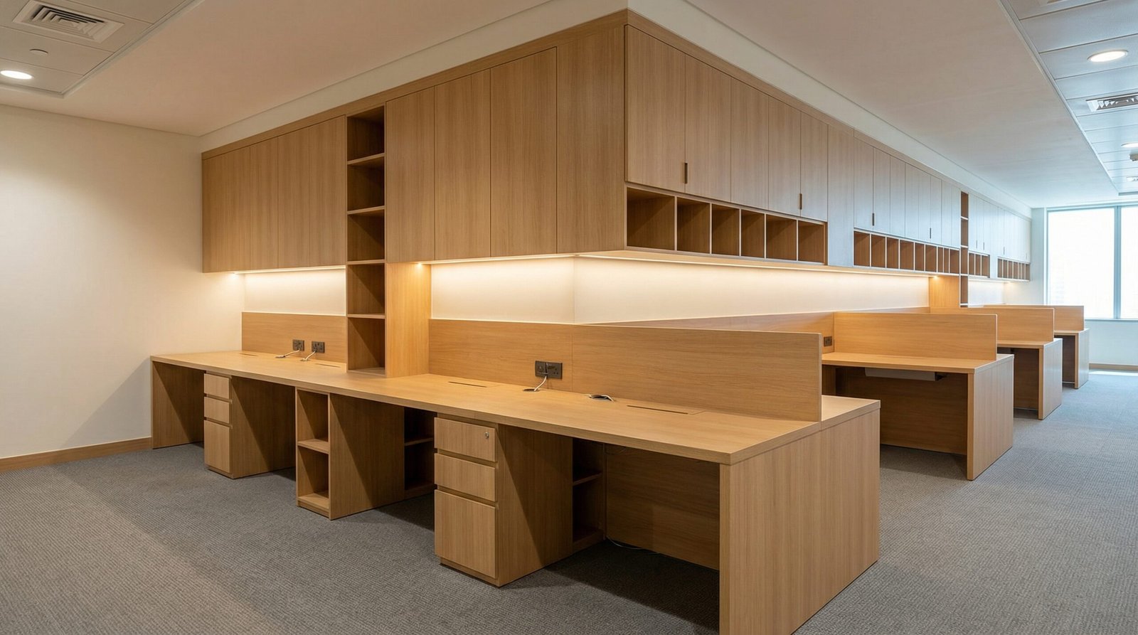 Bank of built-in operational workstations with overhead cabinetry in a JLT office by Karnak Carpentry.