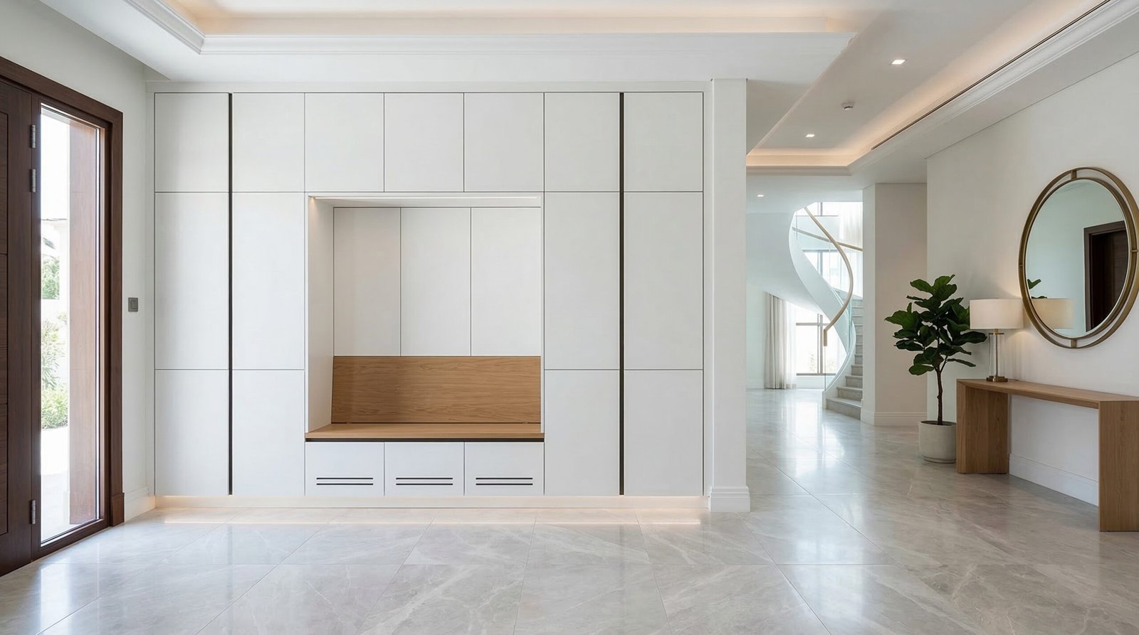 Full-wall built-in shoe cabinet system with push-to-open doors and integrated bench in Dubai villa entrance hallway