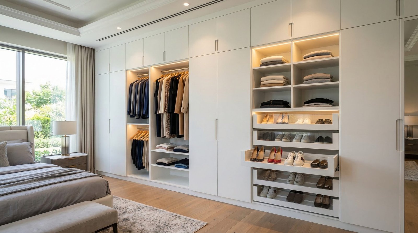 Built-in wardrobe with clear-front pull-out shoe drawers integrated into lower section in Dubai Hills Estate villa master bedroom