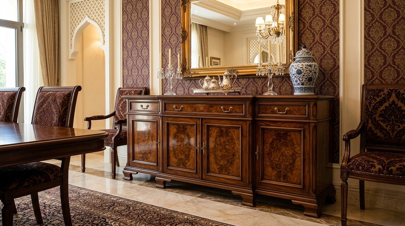 High-gloss elm burl wood dining sideboard, Sharjah.
