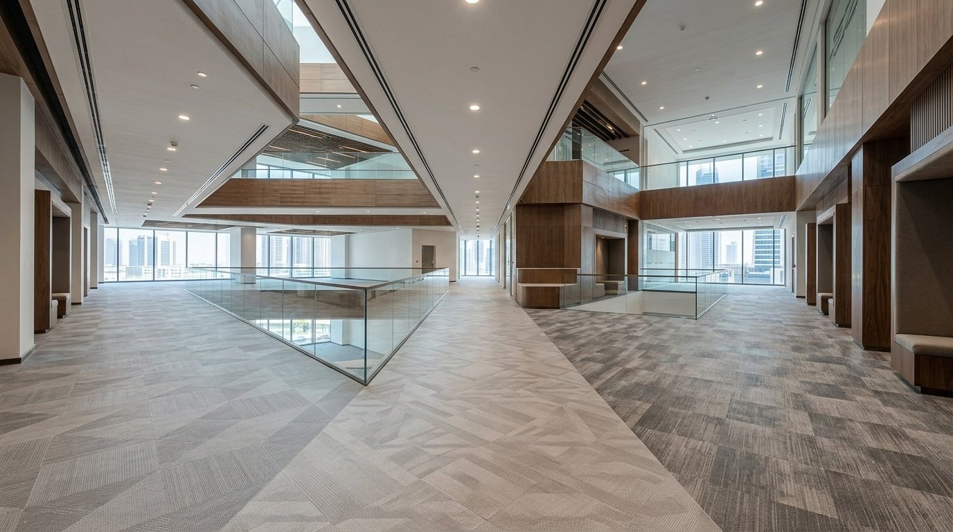 Vast commercial LVT flooring installation across multiple floors of a Business Bay office development.