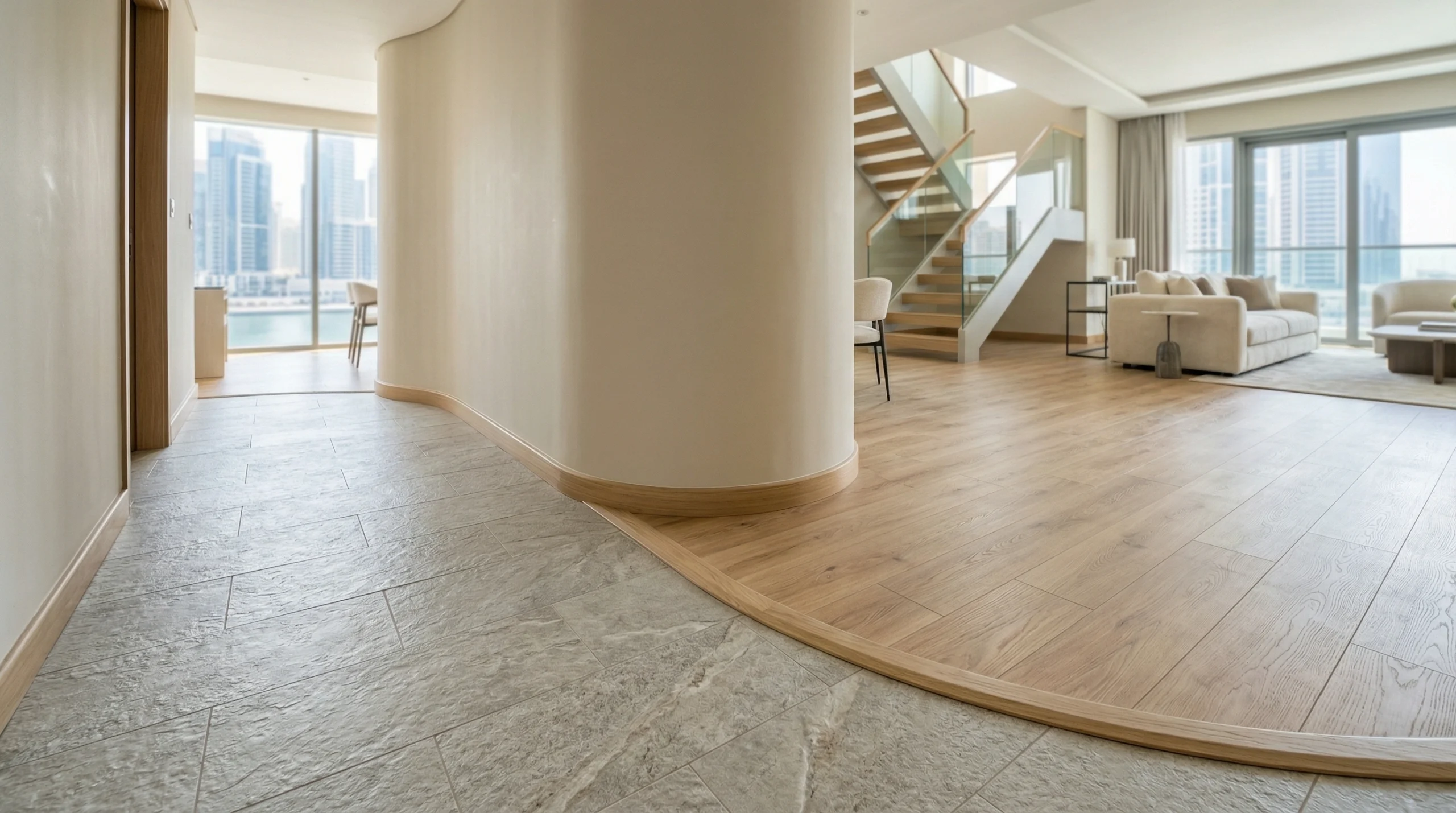 Stone and wood effect laminate flooring transition in a Business Bay duplex.