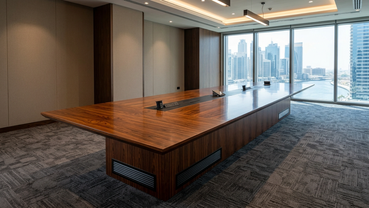 Custom rosewood boardroom table with integrated media hub, Business Bay.