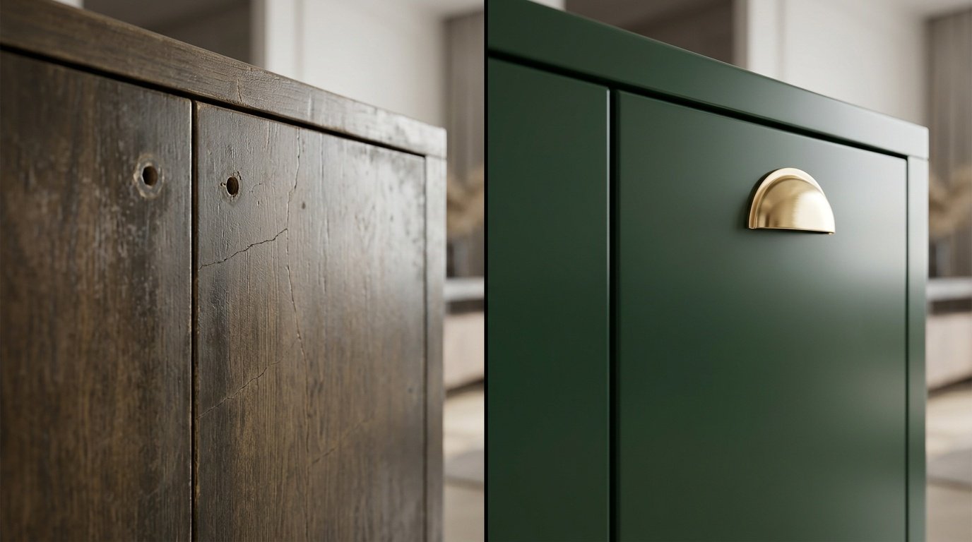 Before and after cabinet door restoration showing worn lacquer transformed to deep forest green satin finish with new brass hardware in a UAE home by Karnak Carpentry