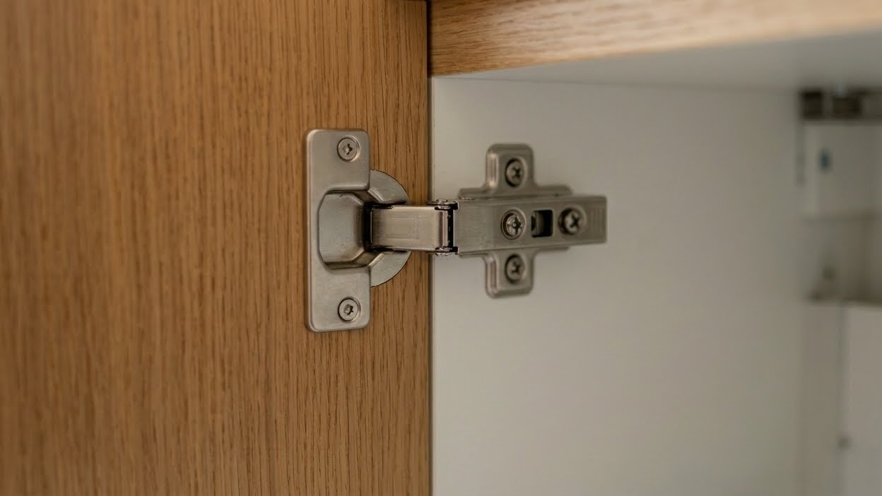 Premium soft-close concealed hinge with perfect 3mm reveal on an oak veneer kitchen cabinet in a UAE home, showcasing Karnak's ongoing support quality