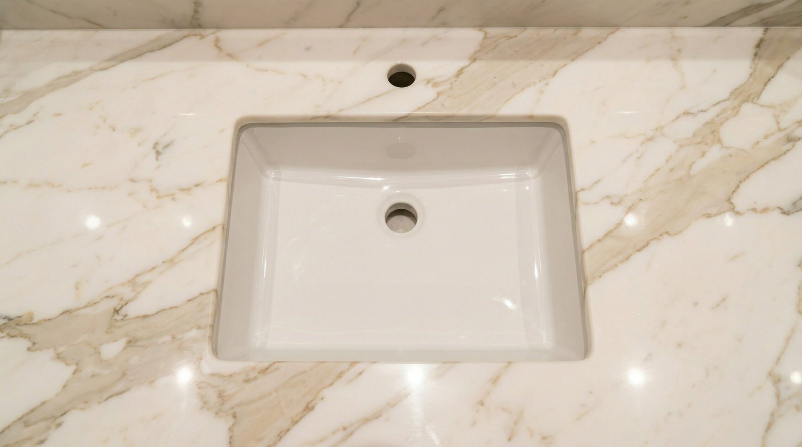 Overhead view of Calacatta gold marble bathroom vanity countertop with square undermount basin and polished tap hole in UAE luxury bathroom