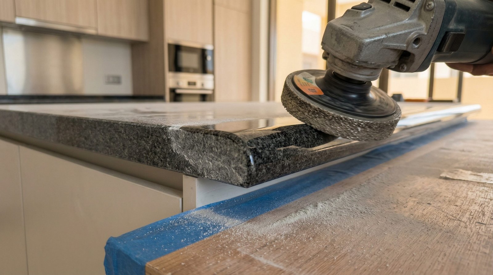 Calacatta marble countertop slab with adhesive dots being lowered onto kitchen island carcass during UAE villa kitchen installation