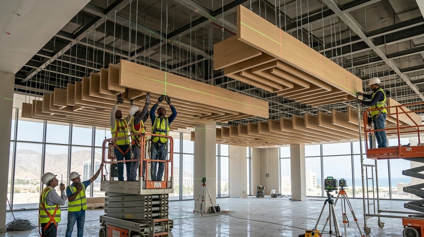 Installation and alignment of pre-fabricated acoustic timber ceiling baffles in Fujairah.
