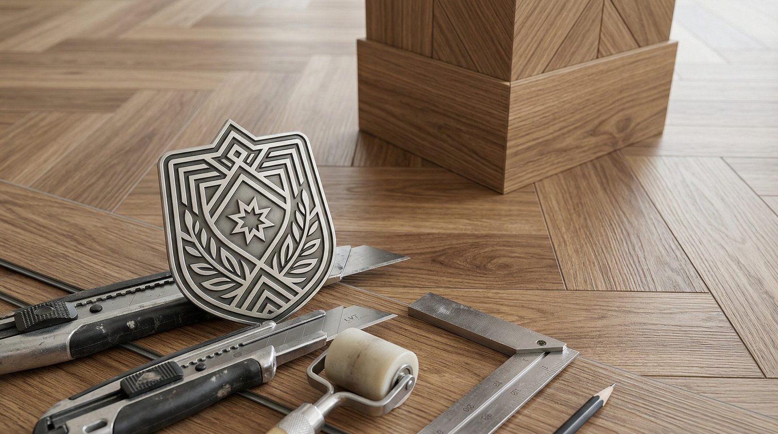 Expertly executed herringbone LVT flooring pattern by certified Karnak installers.