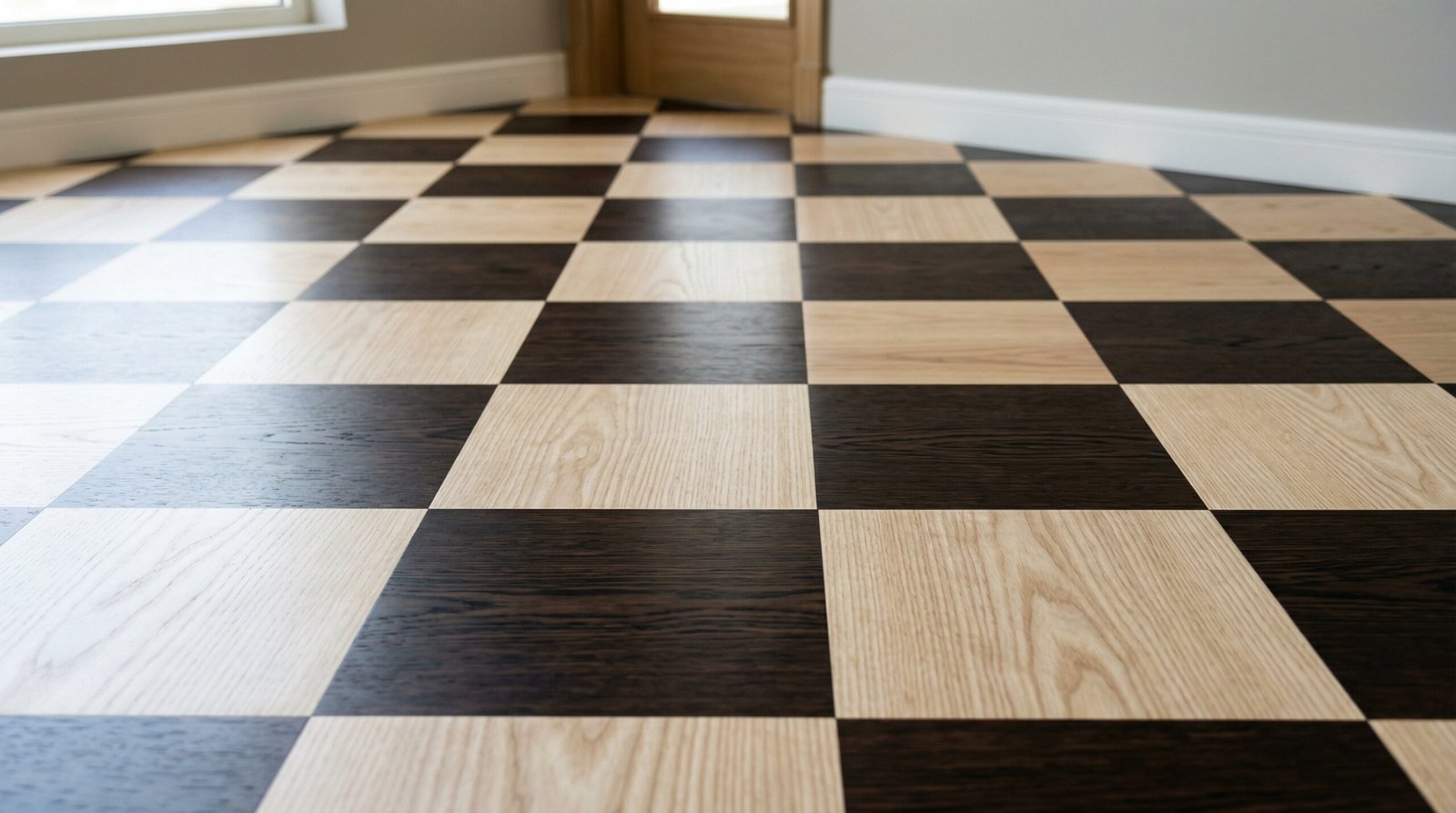 Classic ash and wenge checkerboard parquet flooring, Mirdif home office.