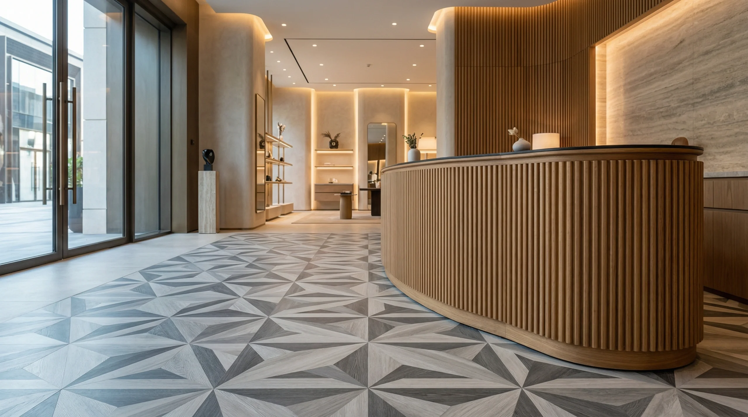 Custom geometric laminate flooring inlay in a Dubai boutique entrance.