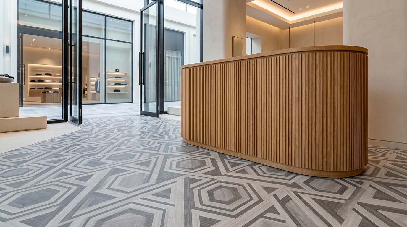 Custom geometric vinyl flooring inlay in a Dubai boutique entrance.