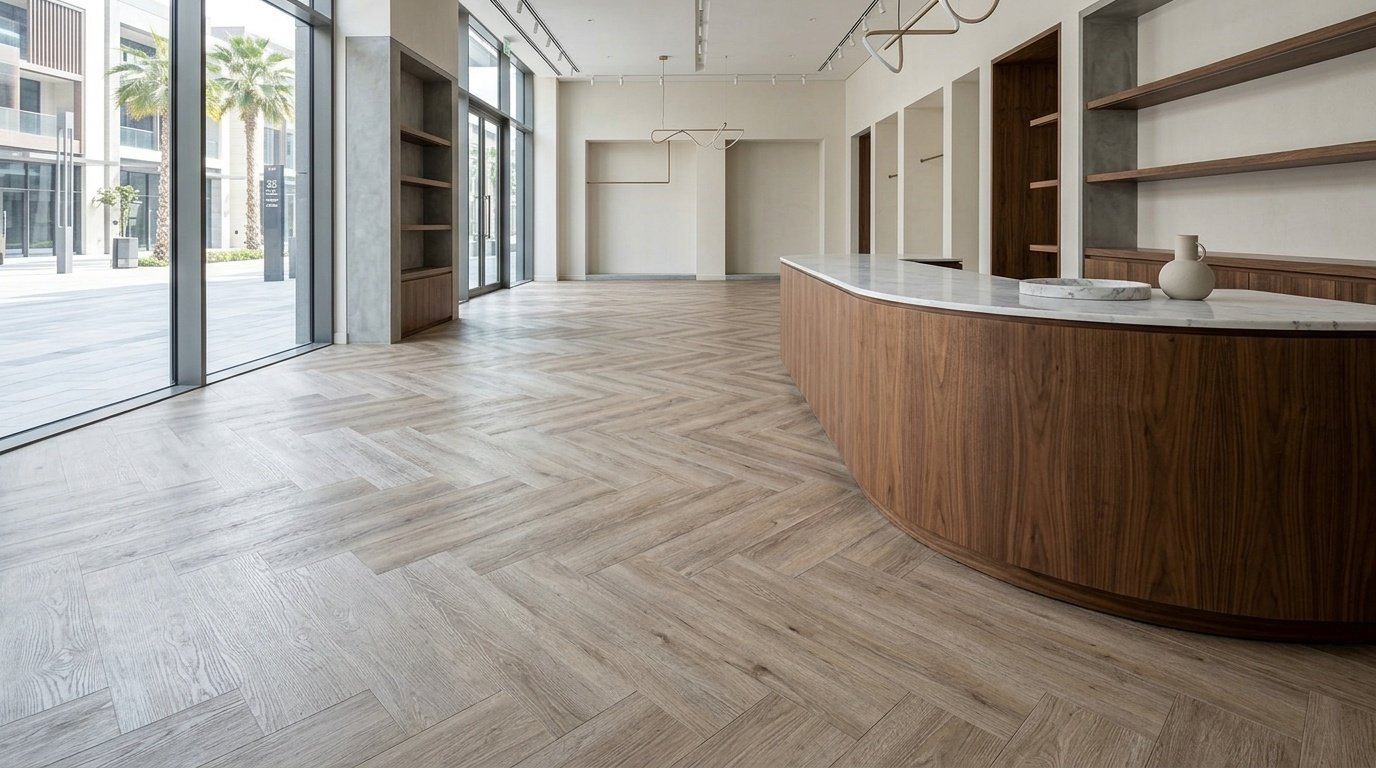 Premium light oak herringbone LVT flooring in a Dubai City Walk boutique.