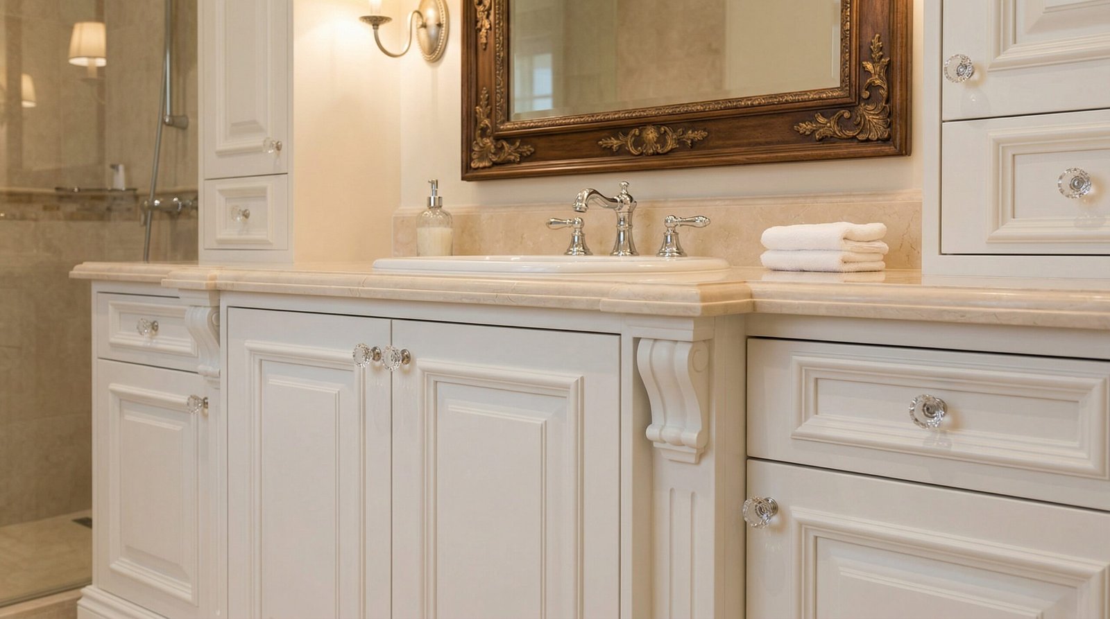 Classic white painted bathroom vanity with raised panel doors and crystal knobs, installed by Karnak Carpentry in Arabian Ranches.