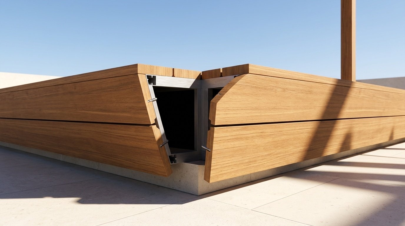 Engineering detail of UAE climate-rated outdoor teak pergola bench with aluminum frame and stainless fixings on a Dubai rooftop by Karnak Carpentry
