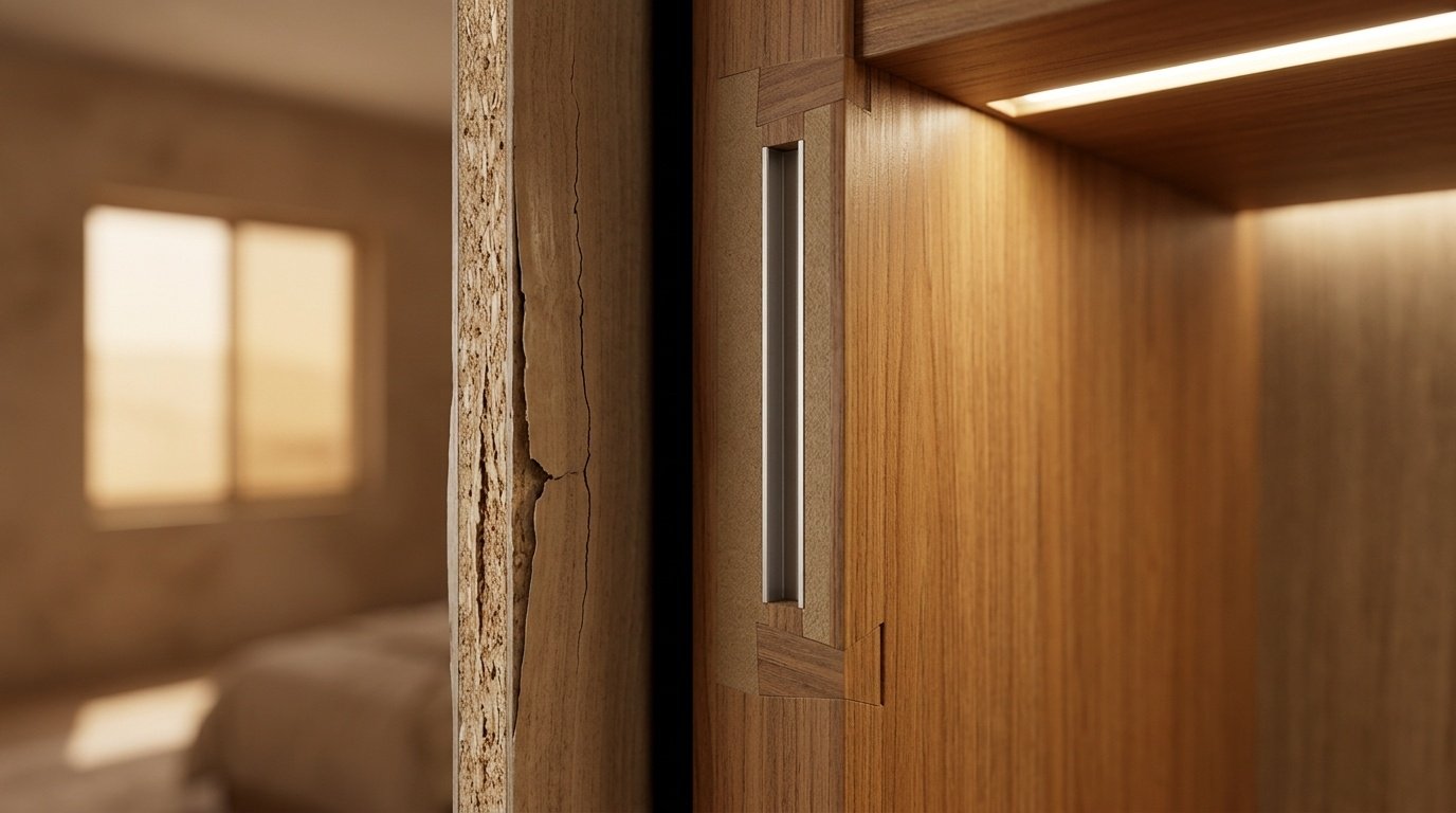 Cross-section detail of moisture-resistant teak veneer wardrobe panel with anti-warp aluminum reinforcement in a UAE villa by Karnak Carpentry