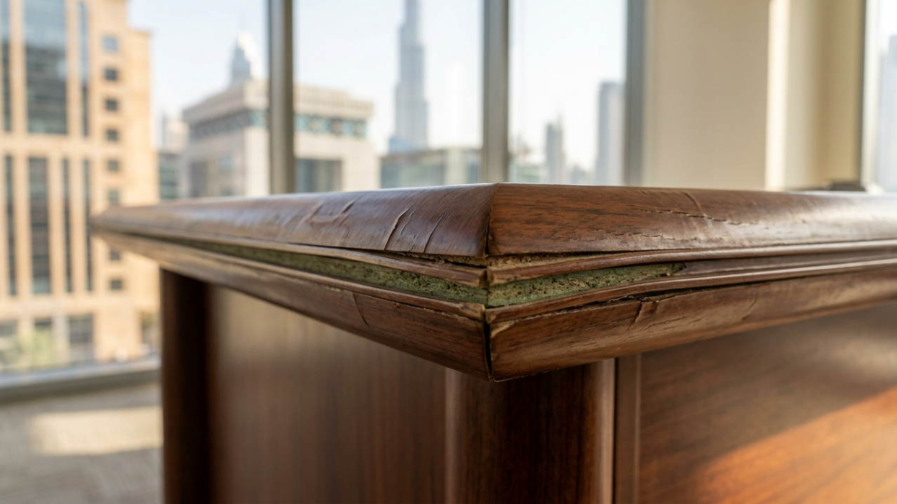 Moisture-resistant edge-banding on a mahogany executive desk in a sunlit DIFC Dubai office.