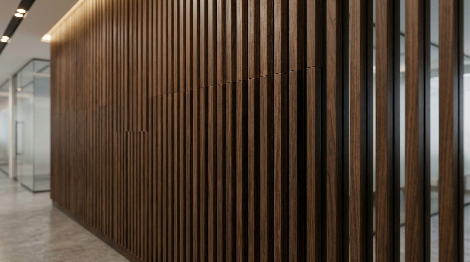 Close-up of premium walnut slatted wall feature designed for UAE climate in a Dubai office.