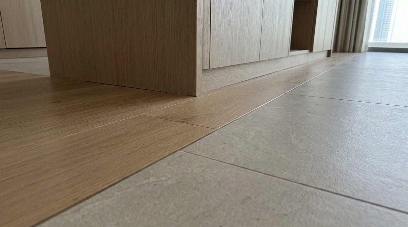 Precise joinery between engineered oak and tile flooring in a Dubai Marina penthouse by Karnak Carpentry.