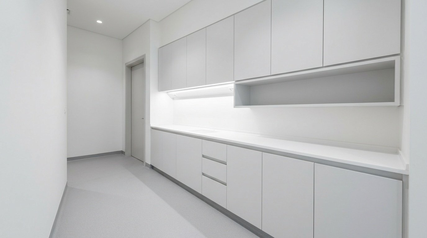 Custom glacier white handle-less clinical cabinetry with solid surface worktop in a Dubai wellness clinic by Karnak Carpentry