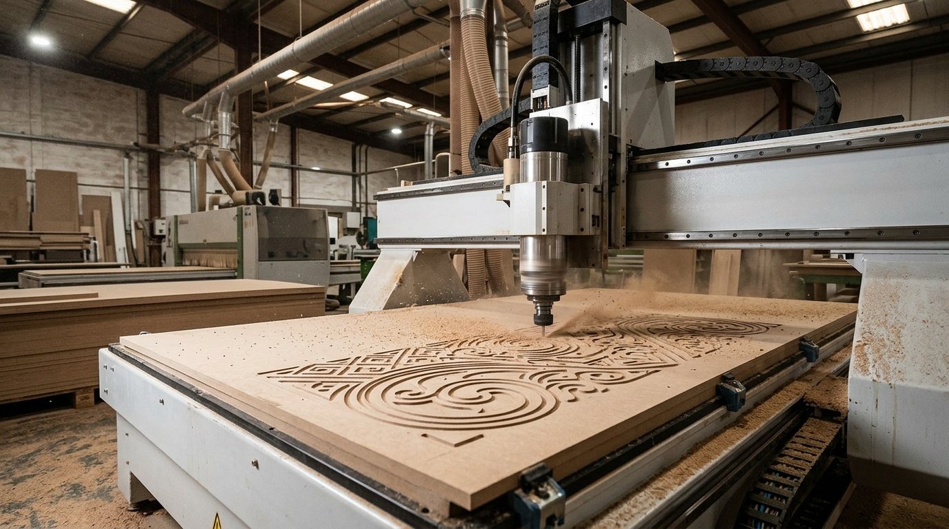 Advanced CNC machine routing decorative patterns for hotel wall panels in a workshop.