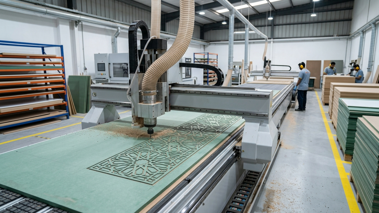Advanced CNC machine routing decorative patterns into moisture-resistant MDF panels in a Dubai workshop.