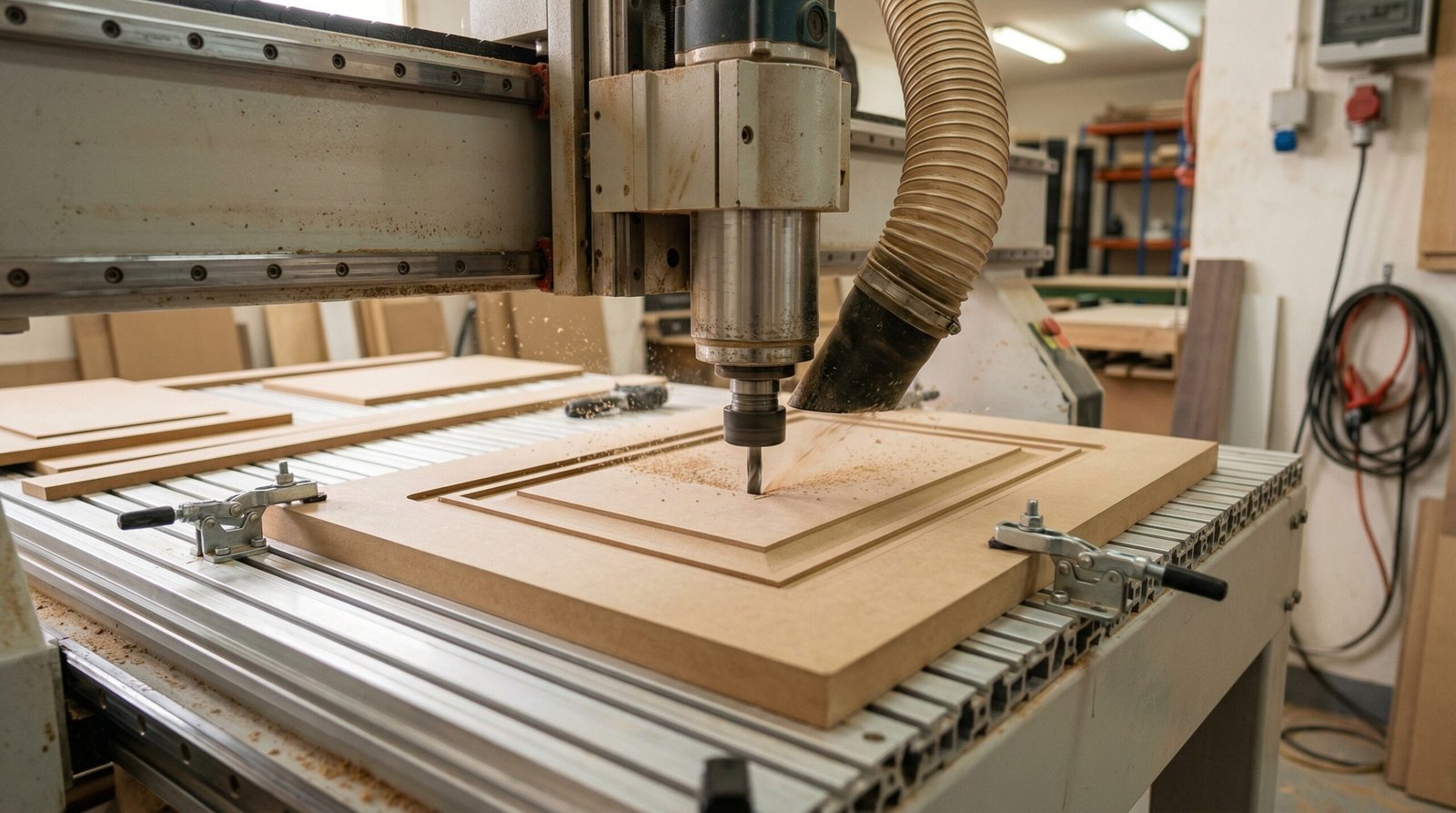 CNC router cutting geometric groove pattern into kitchen island door panel in UAE carpentry workshop fabrication process