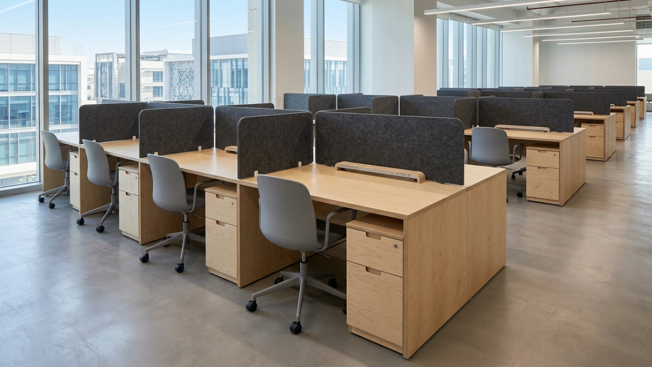 Linear birch plywood workstations with integrated acoustical screens in a Dubai Internet City open-plan office.