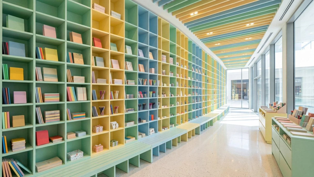 Colorful pastel painted custom built-in cubby storage wall in a Dubai Hills Mall stationery store.