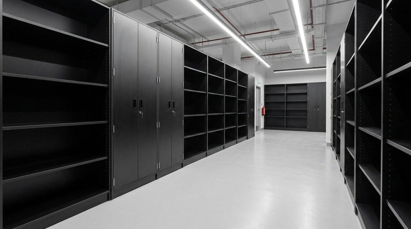 Custom-built heavy-duty back-of-house storage shelving and locked cabinets in a Dubai retail store by Karnak Carpentry