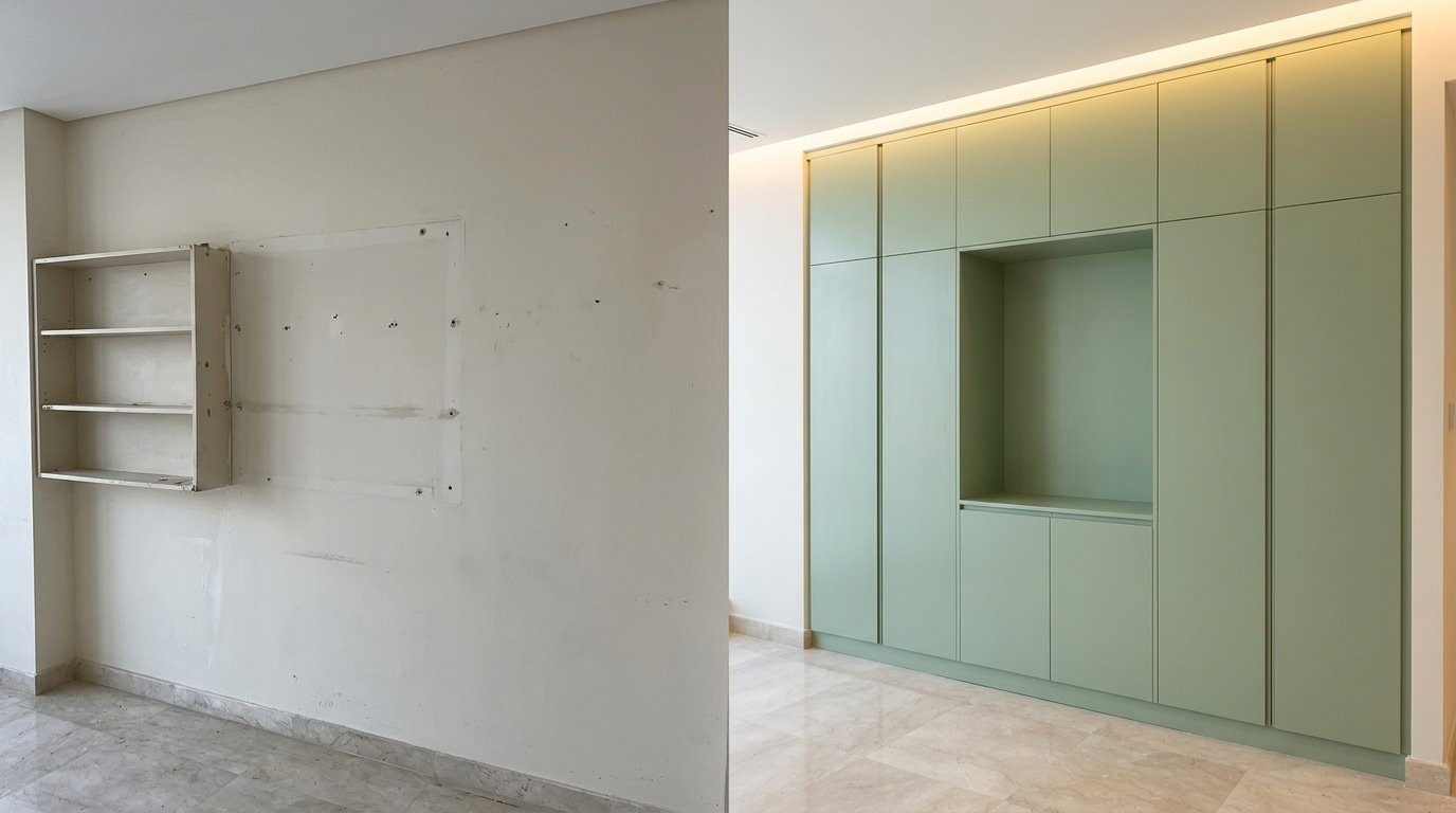 Before and after commercial carpentry renovation showing old painted wall transformed into sage green built-in cabinetry in a UAE space by Karnak Carpentry