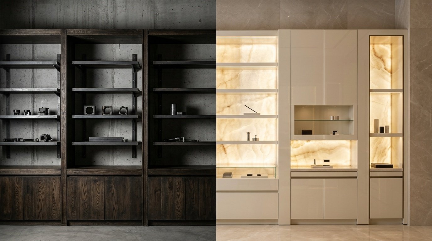 Contrasting industrial and luxury commercial carpentry design approaches inside a UAE commercial fit-out by Karnak Carpentry