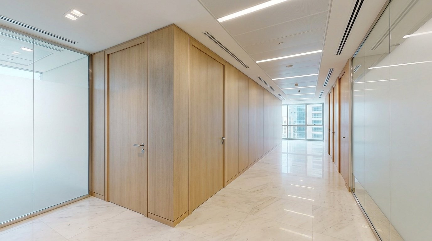 Showroom-ready completed commercial carpentry installation inside a UAE business tower highlighting Karnak's project management precision